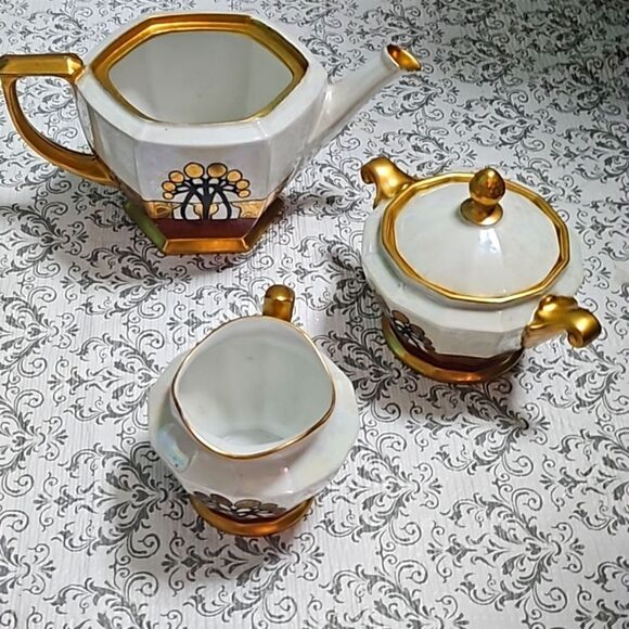 Antique Czech Signed 1926 Art Deco 24k Gold MZ Altroblau 3 Piece Tea Set